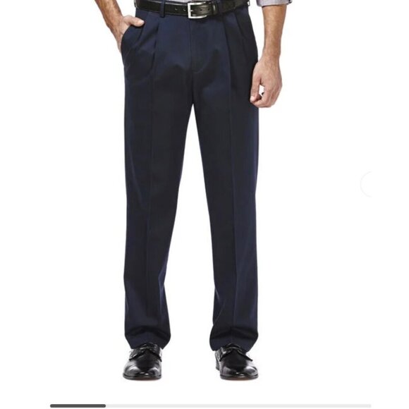 Haggar Mens Iron-Free Premium Khaki Classic Fit Pleated Pants 36W X 29L Navy NWT - Picture 3 of 6